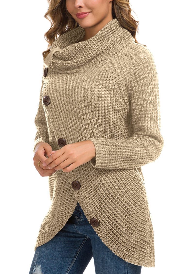 GRECERELLE Women's Fall Chunky Turtleneck Long Sleeve Asymmetric Hem Loose Knit Pullover Sweaters Tops, Khaki, M - Image 5
